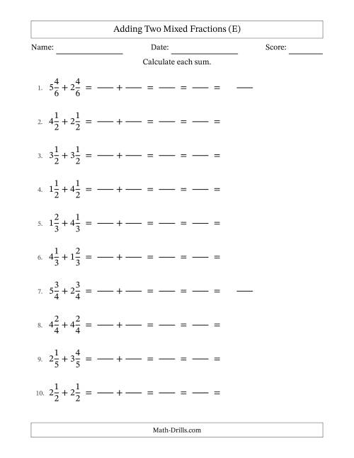 The Adding Two Mixed Fractions with Equal Denominators, Mixed Fractions Results and All Simplifying (Fillable) (E) Math Worksheet