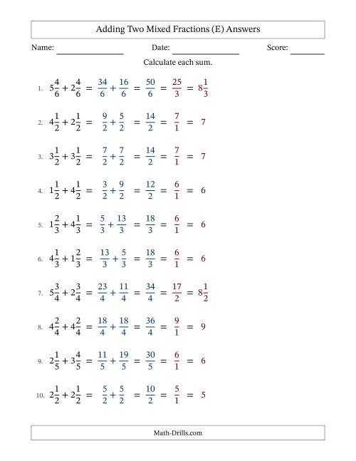 The Adding Two Mixed Fractions with Equal Denominators, Mixed Fractions Results and All Simplifying (Fillable) (E) Math Worksheet Page 2