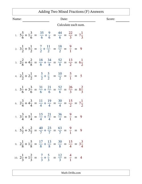 The Adding Two Mixed Fractions with Equal Denominators, Mixed Fractions Results and All Simplifying (Fillable) (F) Math Worksheet Page 2