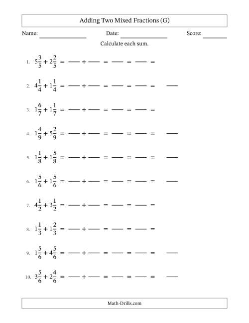 The Adding Two Mixed Fractions with Equal Denominators, Mixed Fractions Results and All Simplifying (Fillable) (G) Math Worksheet
