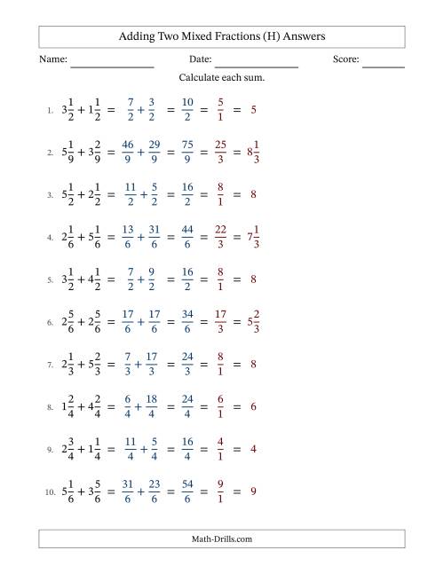 The Adding Two Mixed Fractions with Equal Denominators, Mixed Fractions Results and All Simplifying (Fillable) (H) Math Worksheet Page 2