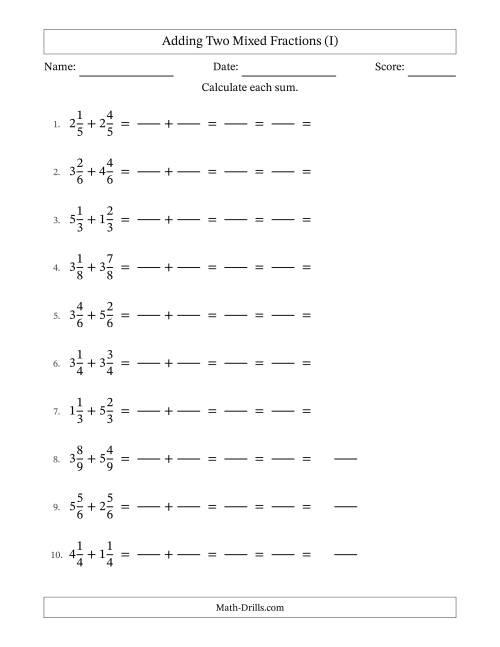 The Adding Two Mixed Fractions with Equal Denominators, Mixed Fractions Results and All Simplifying (Fillable) (I) Math Worksheet