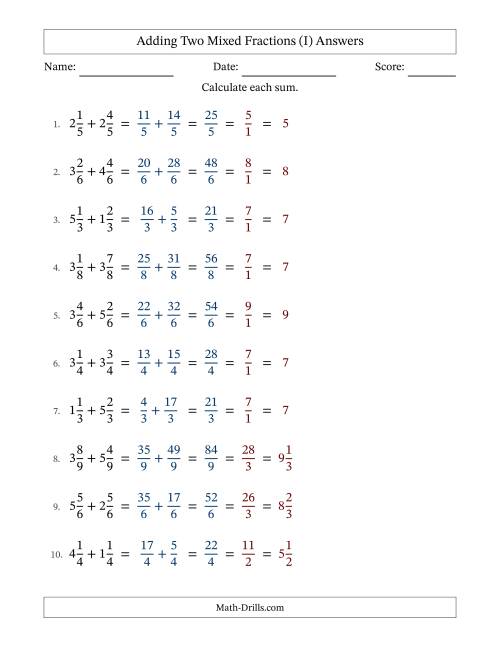 The Adding Two Mixed Fractions with Equal Denominators, Mixed Fractions Results and All Simplifying (Fillable) (I) Math Worksheet Page 2
