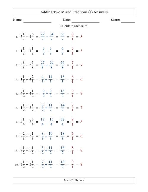 The Adding Two Mixed Fractions with Equal Denominators, Mixed Fractions Results and All Simplifying (Fillable) (J) Math Worksheet Page 2