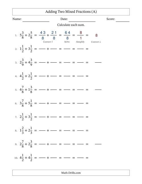 The Adding Two Mixed Fractions with Equal Denominators, Mixed Fractions Results and All Simplifying (Fillable) (All) Math Worksheet