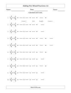 Adding Two Mixed Fractions with Equal Denominators, Mixed Fractions Results and Some Simplifying (Fillable)