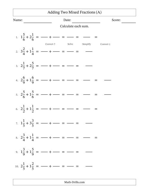 The Adding Two Mixed Fractions with Equal Denominators, Mixed Fractions Results and Some Simplifying (Fillable) (A) Math Worksheet