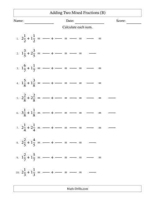 The Adding Two Mixed Fractions with Equal Denominators, Mixed Fractions Results and Some Simplifying (Fillable) (B) Math Worksheet