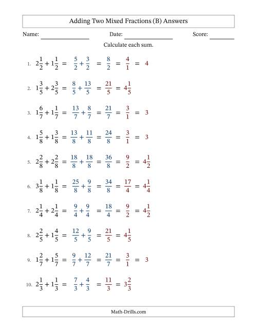 The Adding Two Mixed Fractions with Equal Denominators, Mixed Fractions Results and Some Simplifying (Fillable) (B) Math Worksheet Page 2
