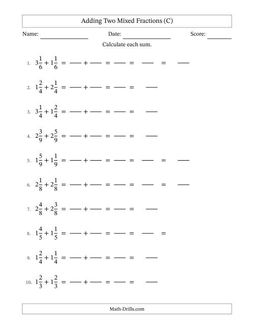 The Adding Two Mixed Fractions with Equal Denominators, Mixed Fractions Results and Some Simplifying (Fillable) (C) Math Worksheet