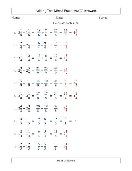 The Adding Two Mixed Fractions with Equal Denominators, Mixed Fractions Results and Some Simplifying (Fillable) (C) Math Worksheet Page 2