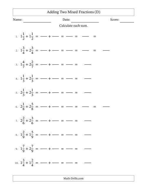 The Adding Two Mixed Fractions with Equal Denominators, Mixed Fractions Results and Some Simplifying (Fillable) (D) Math Worksheet