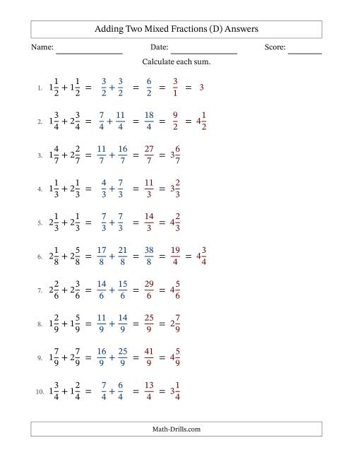 The Adding Two Mixed Fractions with Equal Denominators, Mixed Fractions Results and Some Simplifying (Fillable) (D) Math Worksheet Page 2