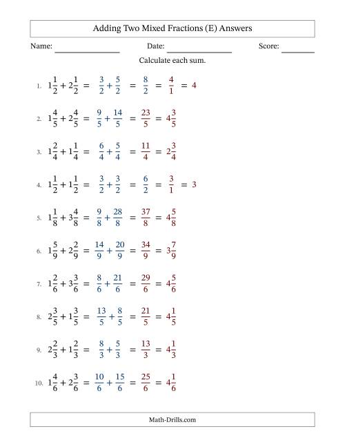The Adding Two Mixed Fractions with Equal Denominators, Mixed Fractions Results and Some Simplifying (Fillable) (E) Math Worksheet Page 2