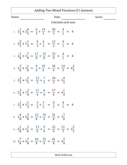 The Adding Two Mixed Fractions with Equal Denominators, Mixed Fractions Results and Some Simplifying (Fillable) (F) Math Worksheet Page 2