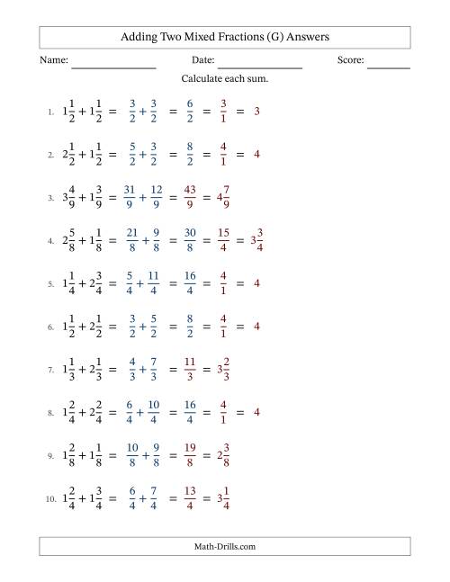 The Adding Two Mixed Fractions with Equal Denominators, Mixed Fractions Results and Some Simplifying (Fillable) (G) Math Worksheet Page 2