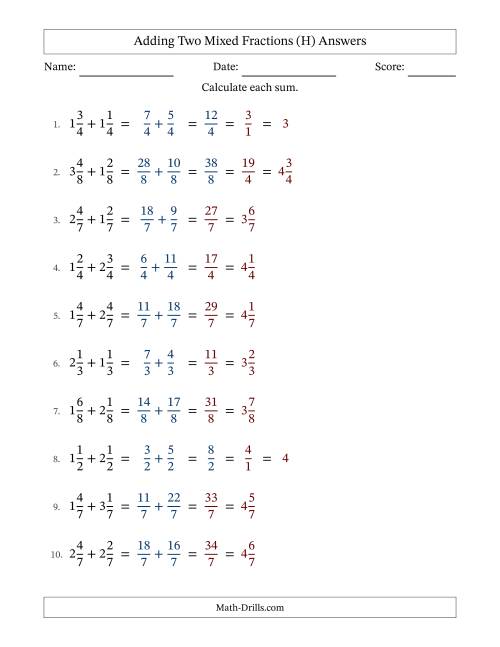 The Adding Two Mixed Fractions with Equal Denominators, Mixed Fractions Results and Some Simplifying (Fillable) (H) Math Worksheet Page 2