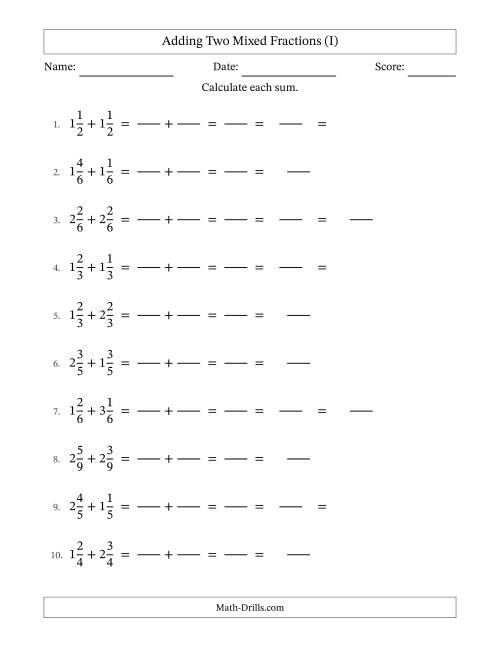 The Adding Two Mixed Fractions with Equal Denominators, Mixed Fractions Results and Some Simplifying (Fillable) (I) Math Worksheet