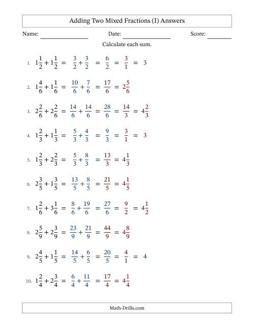 The Adding Two Mixed Fractions with Equal Denominators, Mixed Fractions Results and Some Simplifying (Fillable) (I) Math Worksheet Page 2