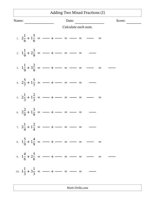 The Adding Two Mixed Fractions with Equal Denominators, Mixed Fractions Results and Some Simplifying (Fillable) (J) Math Worksheet