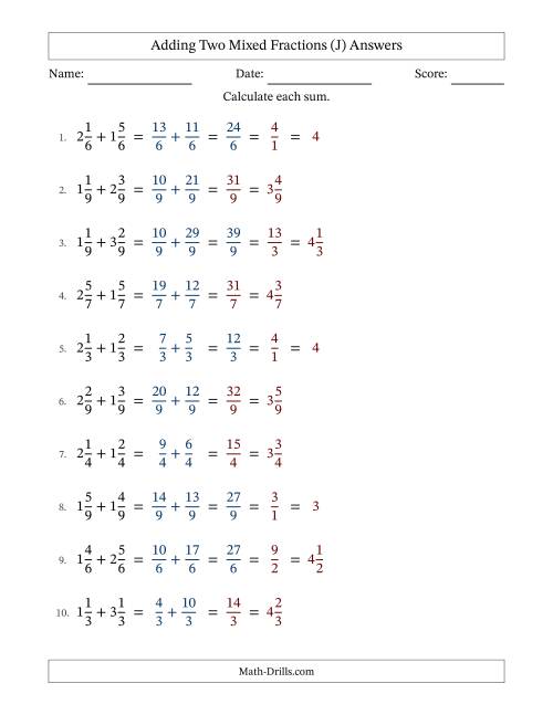The Adding Two Mixed Fractions with Equal Denominators, Mixed Fractions Results and Some Simplifying (Fillable) (J) Math Worksheet Page 2