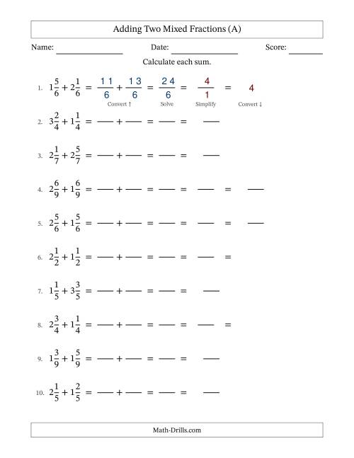 The Adding Two Mixed Fractions with Equal Denominators, Mixed Fractions Results and Some Simplifying (Fillable) (All) Math Worksheet