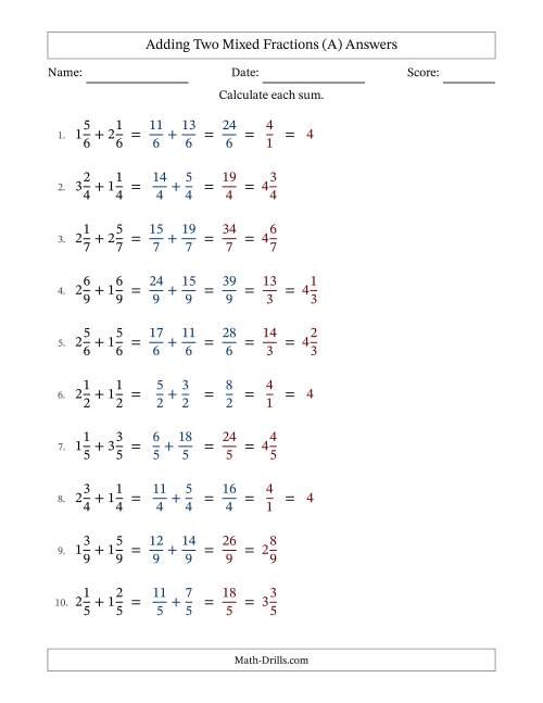 The Adding Two Mixed Fractions with Equal Denominators, Mixed Fractions Results and Some Simplifying (Fillable) (All) Math Worksheet Page 2