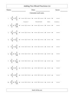 Adding Two Mixed Fractions with Similar Denominators, Mixed Fractions Results and No Simplifying (Fillable)