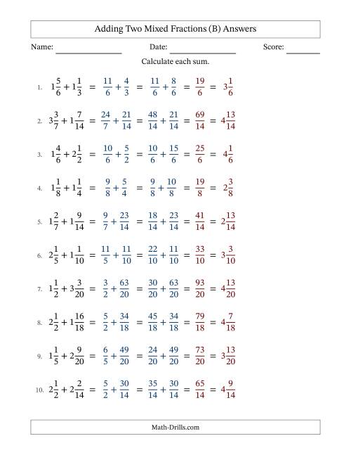 The Adding Two Mixed Fractions with Similar Denominators, Mixed Fractions Results and No Simplifying (Fillable) (B) Math Worksheet Page 2
