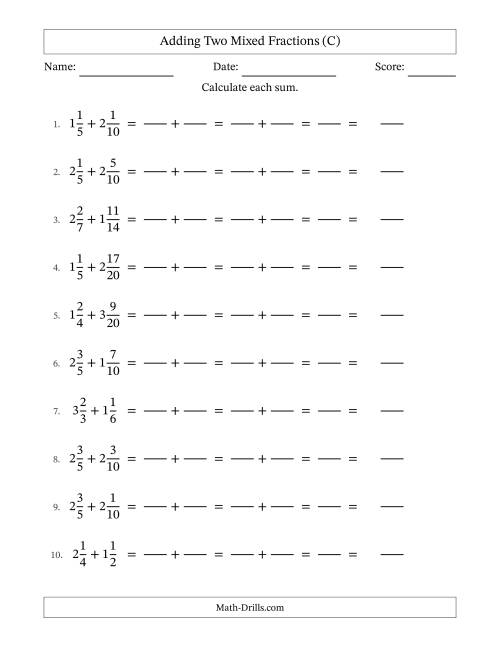 The Adding Two Mixed Fractions with Similar Denominators, Mixed Fractions Results and No Simplifying (Fillable) (C) Math Worksheet