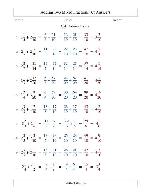 The Adding Two Mixed Fractions with Similar Denominators, Mixed Fractions Results and No Simplifying (Fillable) (C) Math Worksheet Page 2