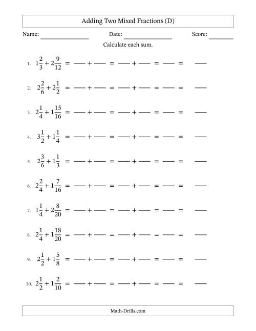 The Adding Two Mixed Fractions with Similar Denominators, Mixed Fractions Results and No Simplifying (Fillable) (D) Math Worksheet