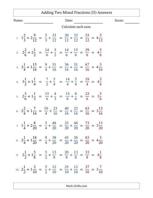 The Adding Two Mixed Fractions with Similar Denominators, Mixed Fractions Results and No Simplifying (Fillable) (D) Math Worksheet Page 2