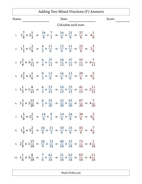 The Adding Two Mixed Fractions with Similar Denominators, Mixed Fractions Results and No Simplifying (Fillable) (F) Math Worksheet Page 2