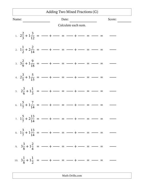 The Adding Two Mixed Fractions with Similar Denominators, Mixed Fractions Results and No Simplifying (Fillable) (G) Math Worksheet