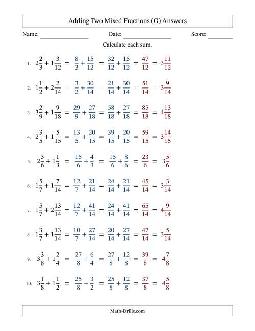 The Adding Two Mixed Fractions with Similar Denominators, Mixed Fractions Results and No Simplifying (Fillable) (G) Math Worksheet Page 2