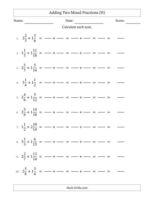 The Adding Two Mixed Fractions with Similar Denominators, Mixed Fractions Results and No Simplifying (Fillable) (H) Math Worksheet
