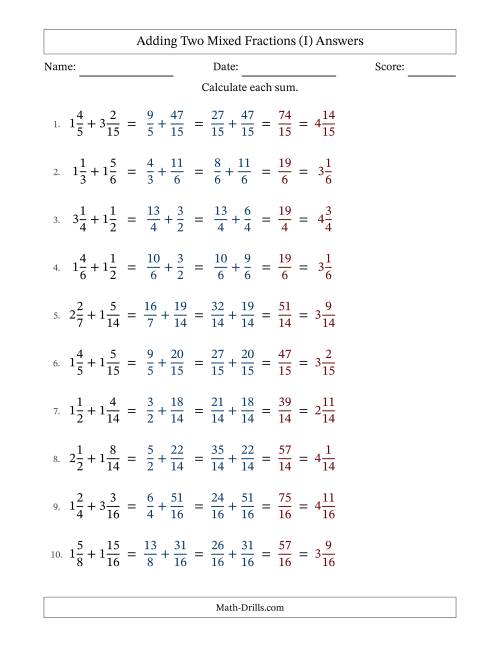 The Adding Two Mixed Fractions with Similar Denominators, Mixed Fractions Results and No Simplifying (Fillable) (I) Math Worksheet Page 2