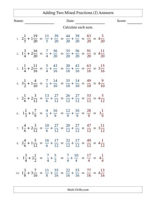 The Adding Two Mixed Fractions with Similar Denominators, Mixed Fractions Results and No Simplifying (Fillable) (J) Math Worksheet Page 2