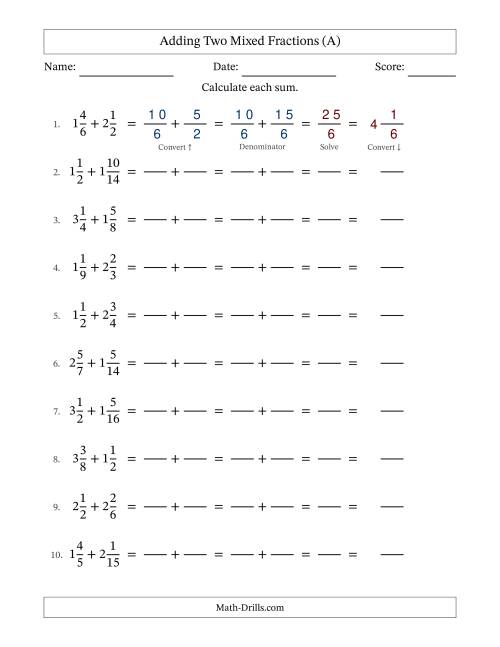 The Adding Two Mixed Fractions with Similar Denominators, Mixed Fractions Results and No Simplifying (Fillable) (All) Math Worksheet