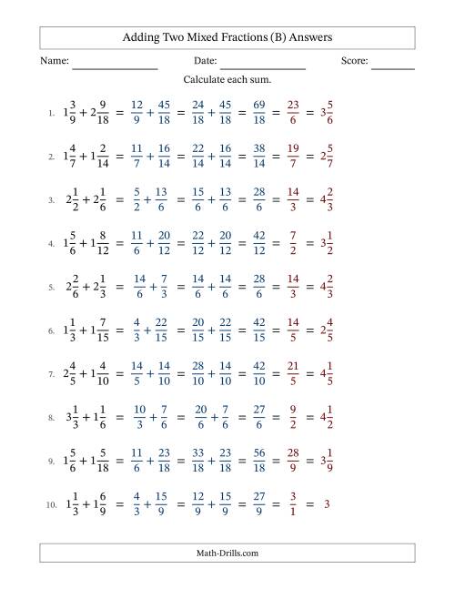 The Adding Two Mixed Fractions with Similar Denominators, Mixed Fractions Results and All Simplifying (Fillable) (B) Math Worksheet Page 2
