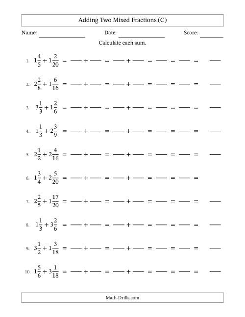 The Adding Two Mixed Fractions with Similar Denominators, Mixed Fractions Results and All Simplifying (Fillable) (C) Math Worksheet
