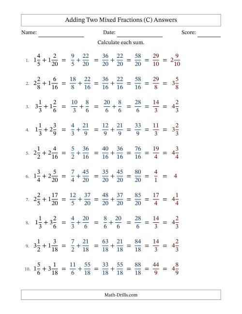 The Adding Two Mixed Fractions with Similar Denominators, Mixed Fractions Results and All Simplifying (Fillable) (C) Math Worksheet Page 2