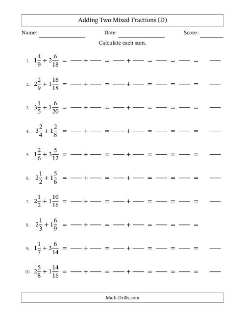 The Adding Two Mixed Fractions with Similar Denominators, Mixed Fractions Results and All Simplifying (Fillable) (D) Math Worksheet