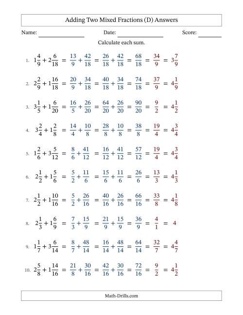 The Adding Two Mixed Fractions with Similar Denominators, Mixed Fractions Results and All Simplifying (Fillable) (D) Math Worksheet Page 2