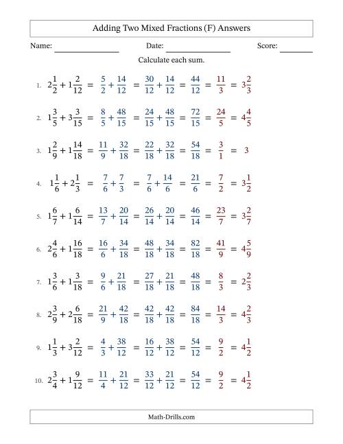 The Adding Two Mixed Fractions with Similar Denominators, Mixed Fractions Results and All Simplifying (Fillable) (F) Math Worksheet Page 2