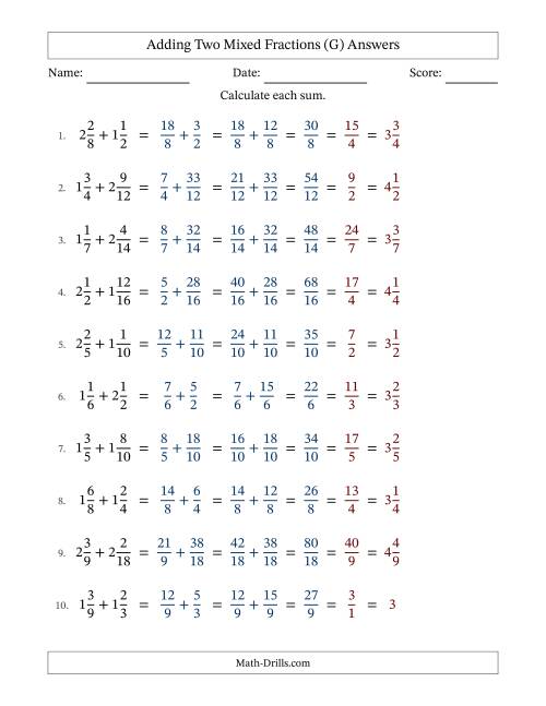 The Adding Two Mixed Fractions with Similar Denominators, Mixed Fractions Results and All Simplifying (Fillable) (G) Math Worksheet Page 2