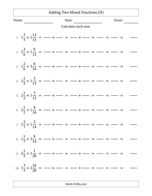 The Adding Two Mixed Fractions with Similar Denominators, Mixed Fractions Results and All Simplifying (Fillable) (H) Math Worksheet