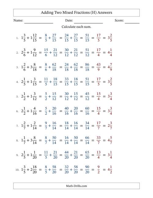 The Adding Two Mixed Fractions with Similar Denominators, Mixed Fractions Results and All Simplifying (Fillable) (H) Math Worksheet Page 2