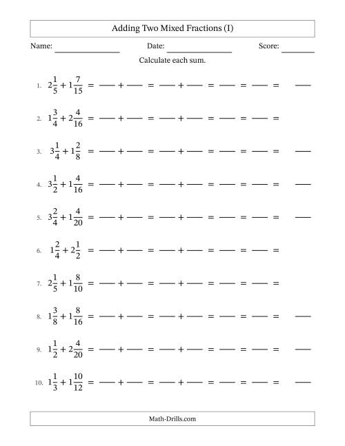 The Adding Two Mixed Fractions with Similar Denominators, Mixed Fractions Results and All Simplifying (Fillable) (I) Math Worksheet